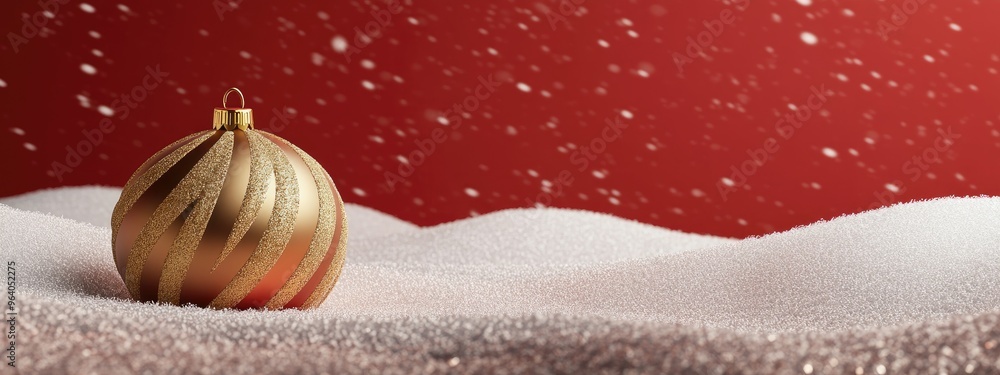Aufkleber Minimalist product backdrop for winter holiday theme featuring a gold striped bauble podium and snow drifts on a red background 3D render illustration with clipping path for each element included