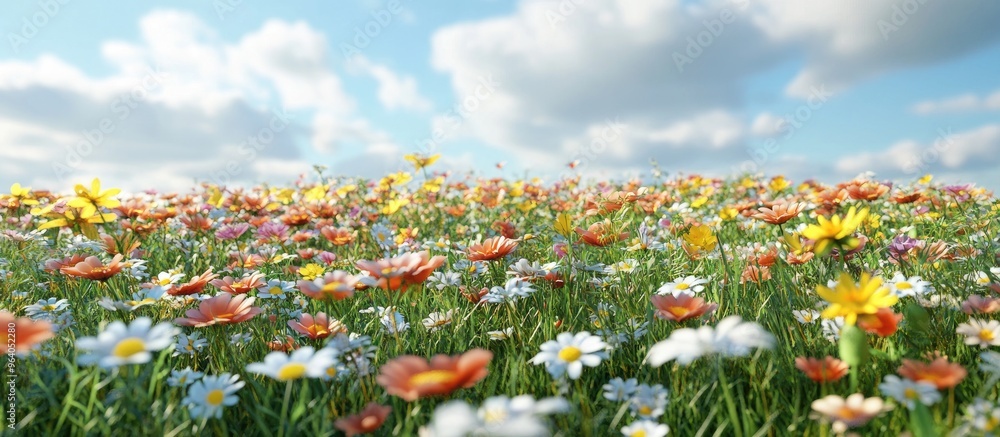 Poster spring flower field scene with a natural beauty podium backdrop 3d rendering