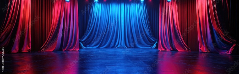 Poster blue 3d rendered theater design featuring curtains and a glossy stage floor with closed drapery and 