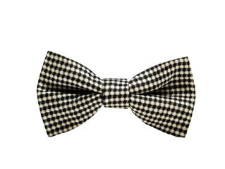 Classic black and white checked bow tie on display, cut out transparent