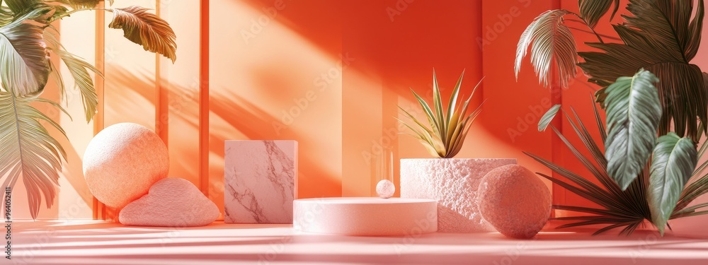 Poster Peach Fuzz is the trendy color of the year 2024 Abstract geometric shapes along with stone and leaf elements are set against a minimal background This trendy 3D render is ideal for social media ba