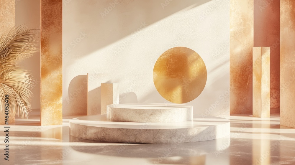 Poster Podium featuring abstract geometric forms and shapes with a blurred background for showcasing products in a 3D rendered scene