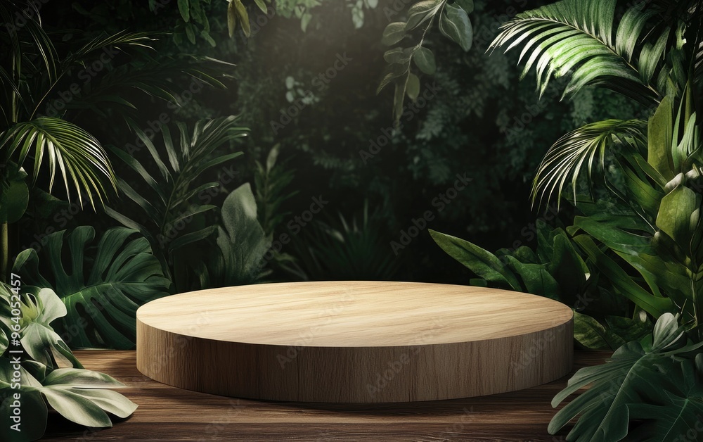 Aufkleber Realistic 3D rendered background for product display Close up of a round empty oak table illuminated by sunlight with tropical leaf plants Organic beauty natural theme Mock up podium spa sunscreen