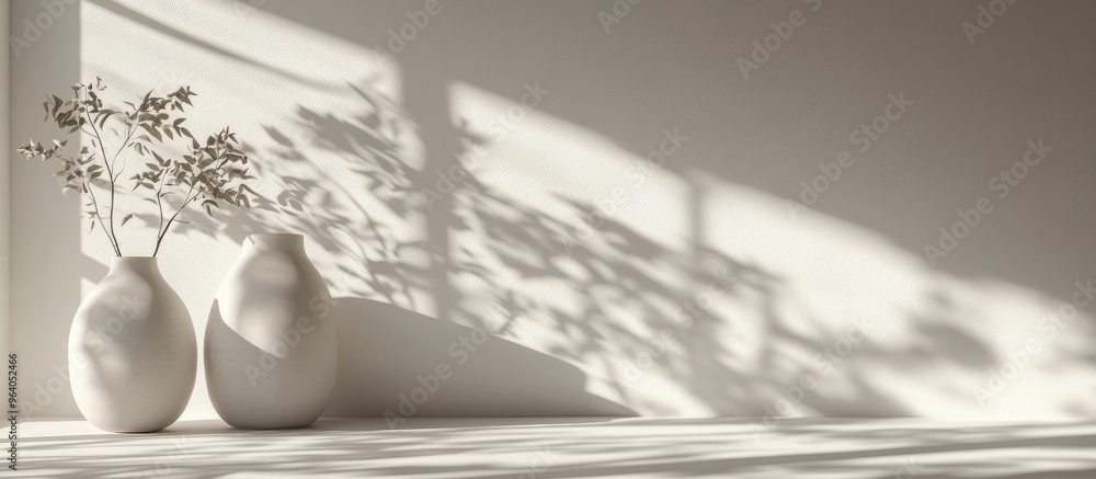 Poster simple monochromatic background featuring vases tree shadows and natural lighting 3d rendering