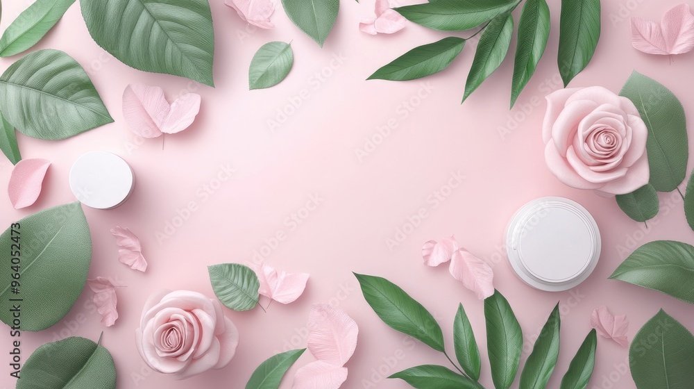 Poster natural beauty podium backdrop for showcasing products with a rose flower 3d rendering top view flat