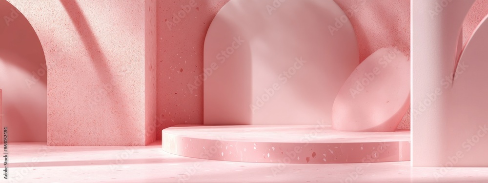 Poster abstract podium background featuring geometric shapes in pastel pink tones minimalistic 3d rendering