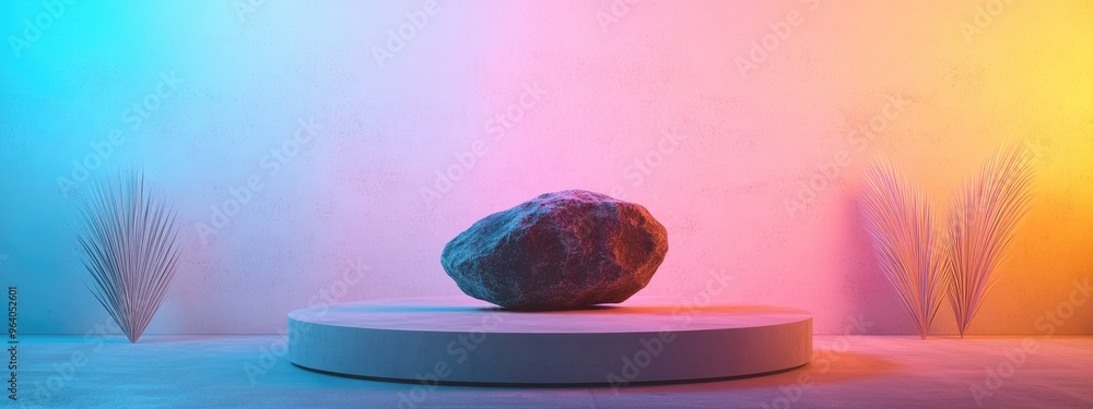 Aufkleber wooden display podium featuring a stone against a white backdrop 3d rendering