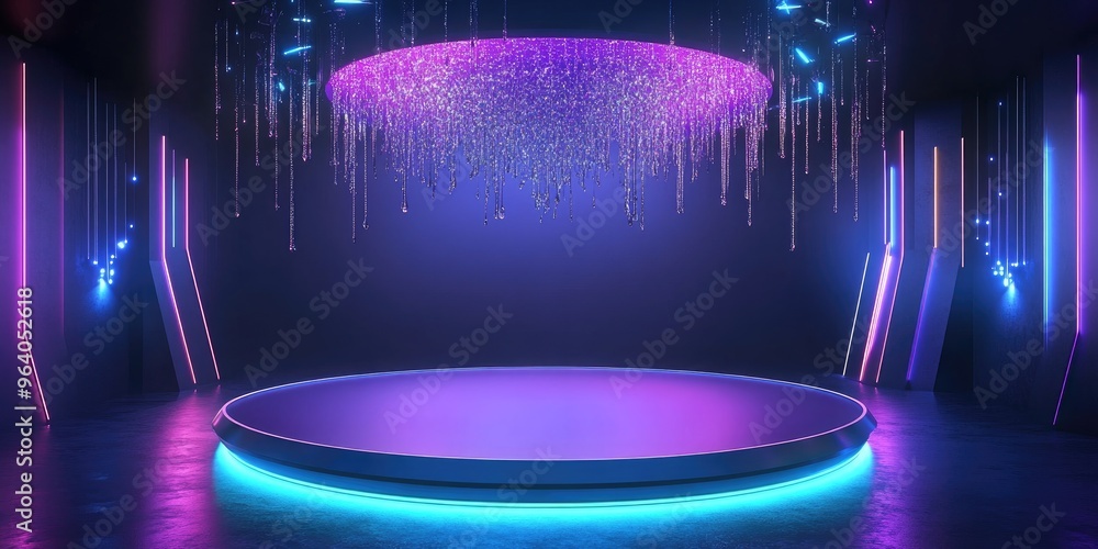 Aufkleber Futuristic circular pedestal or platform featuring a chandelier Blank product display or stand Empty future stage with glowing lights 3D rendering of a modern backdrop