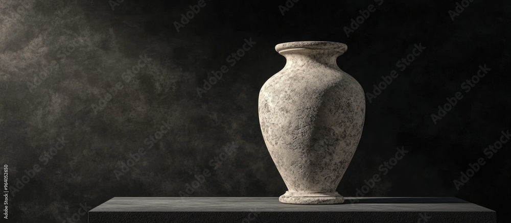 Poster Decorative stone vase positioned on a podium against a black background High resolution 3D rendering