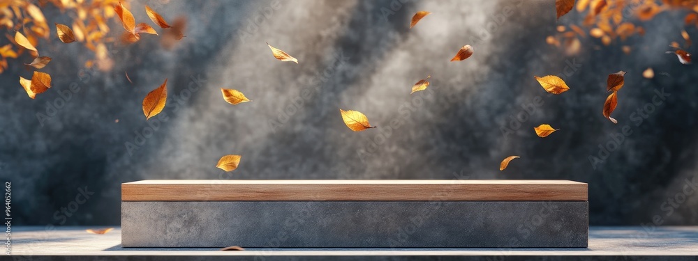 Poster Empty wooden display stand on terrazzo with 3D rendering and falling leaves high quality image