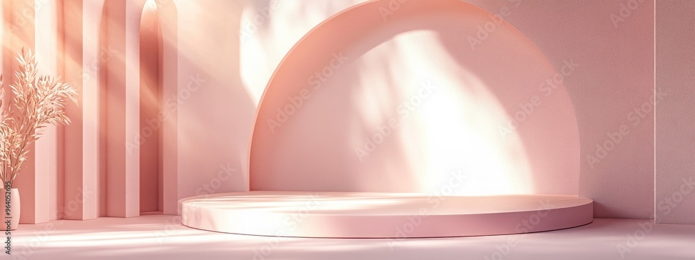 Poster Showcase podium and stand on a soft pastel background for high end products 3D rendering Studio setting featuring geometric shapes and an arch serving as an architectural backdrop for product adve