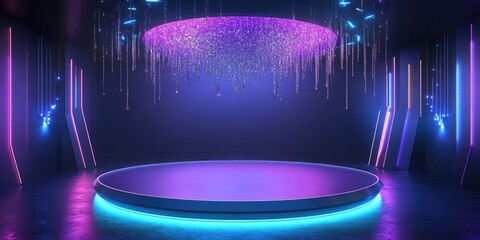 Futuristic circular pedestal or platform featuring a chandelier Blank product display or stand Empty future stage with glowing lights 3D rendering of a modern backdrop