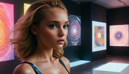 A young woman stands in a contemporary art gallery, captivated by vibrant abstract paintings. The gallery's modern setting and the woman's thoughtful expression highlight the cultural appreciation and