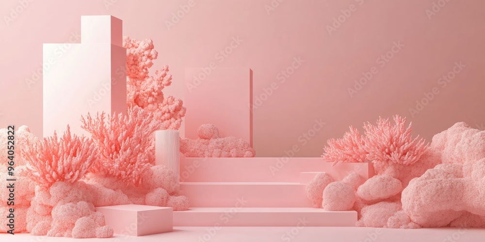 Poster Abstract background featuring pink coral shapes with minimalistic boxes and geometric podiums A scene showcasing stairs and geometric forms creating an empty display for cosmetic product presentat