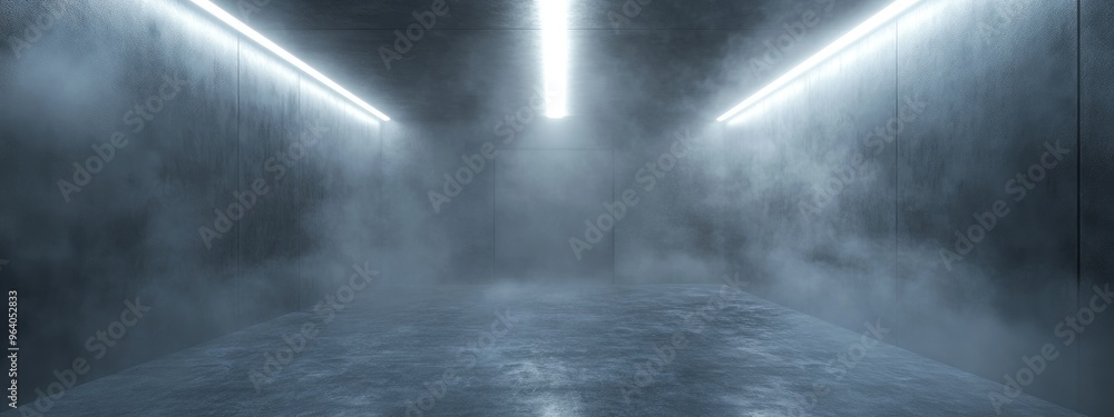 Poster Dimly lit interior space featuring walls and floor with concentrated textures enveloped in fog and mist 3D rendering