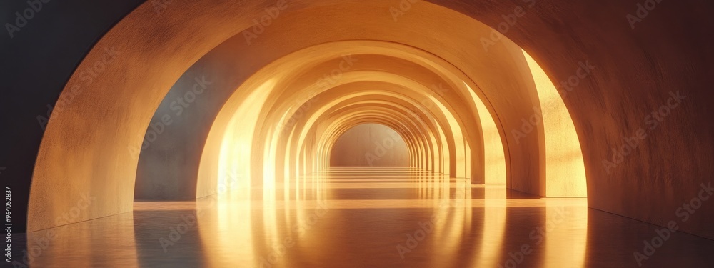 Poster Glowing empty arched passage in a 3D interior design rendering