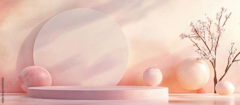 Poster Minimalist composition featuring a podium against an abstract backdrop Geometric shapes in pastel hues 3D rendering showcasing geometric forms and a textured background suitable for showcasing cos