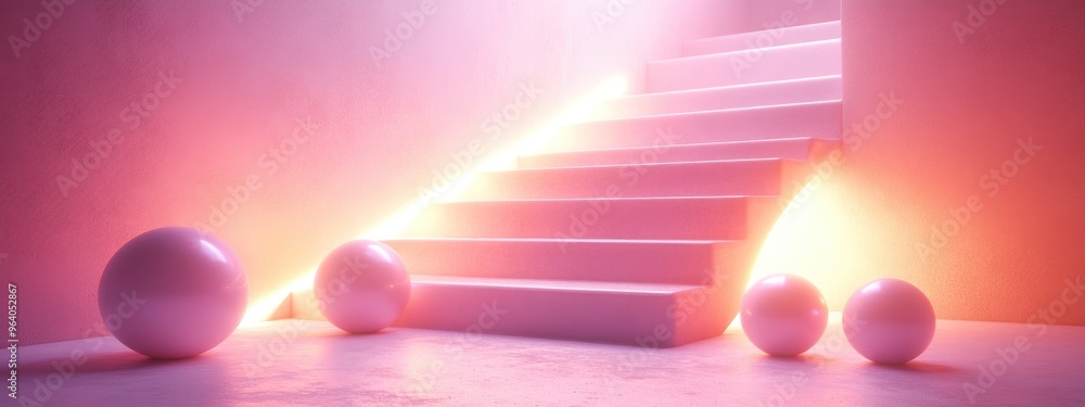 Poster abstract 3d rendering of stairs and three balls featuring a romantic ambiance with soft pink pastel 