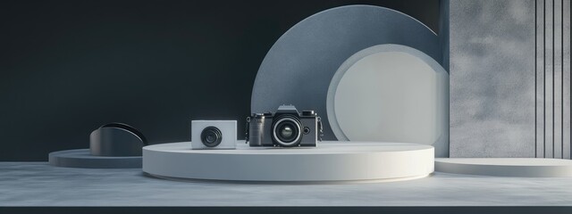 Abstract scene featuring a podium with a photo and video action camera set against a monochrome background 3D render designed for showcasing personal accessories on a stage or pedestal