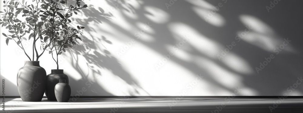 Aufkleber Monochromatic backdrop featuring vases shadows of trees and natural light 3D render