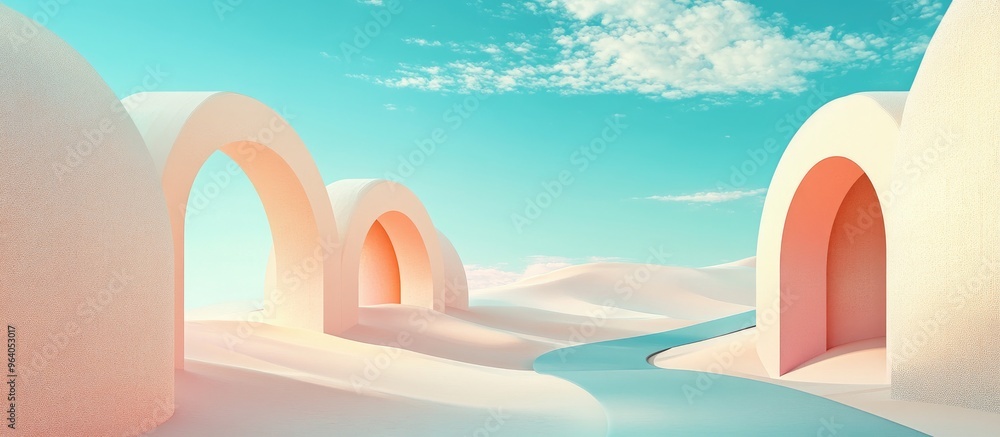 Poster Surreal pastel landscape background featuring geometric shapes an abstract desert dune in a seasonal setting with arches creating a panoramic and futuristic scene complemented by a blue sky and clo