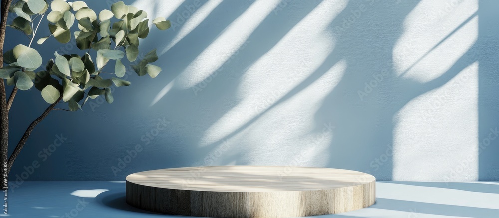 Poster Abstract wooden podium with eucalyptus leaves and shadows on a blue background Mockup display for product presentation 3D rendering Minimalistic concept Advertising template