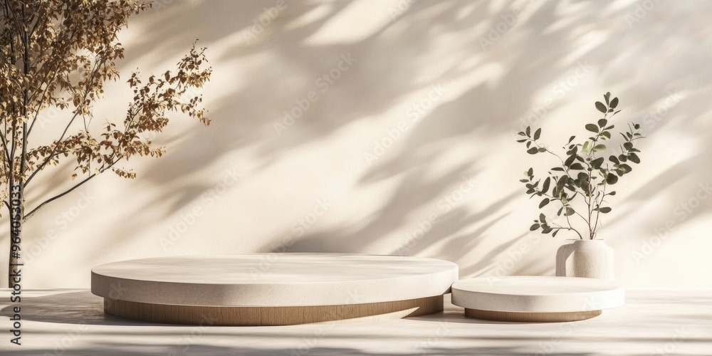 Aufkleber Minimalist 3D display podiums set against a neutral background featuring shadow effects from trees Realistic rendering for product showcasing in an interior setting