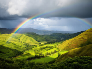 Breathtaking Rainbow Arching Over Lush Green Hills
