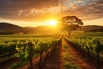 Naklejka premium Sunset over Lush Vineyard Rows in Countryside