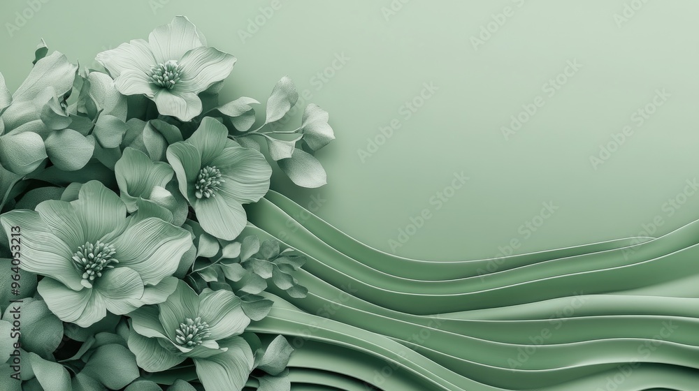 Poster abstract green background featuring a floral concept design for product 3d visualization