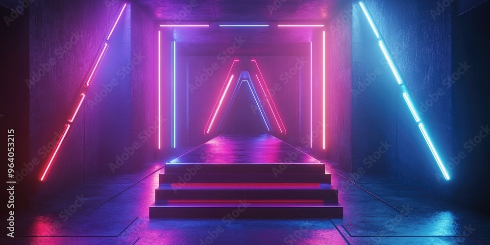 Poster vibrant laser triangle podium in purple red and blue neon fluorescent colors in a sci fi futuristic 