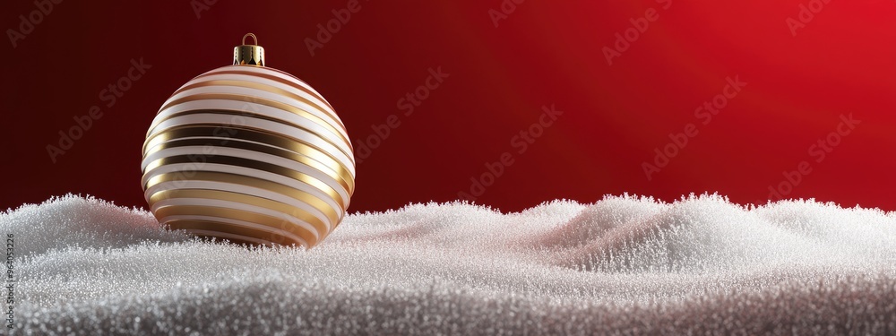 Poster minimalist product backdrop for winter holiday theme featuring a gold striped bauble podium and snow
