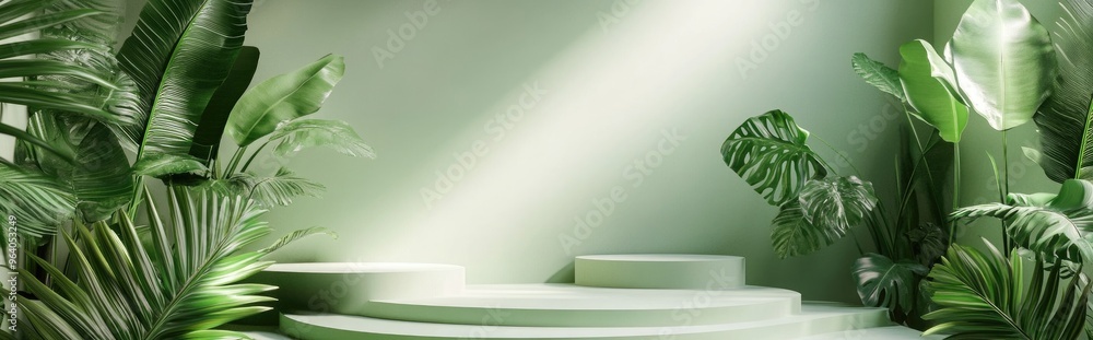 Poster Empty green mock up space featuring various platforms and decorative green palm leaves in 3D rendering