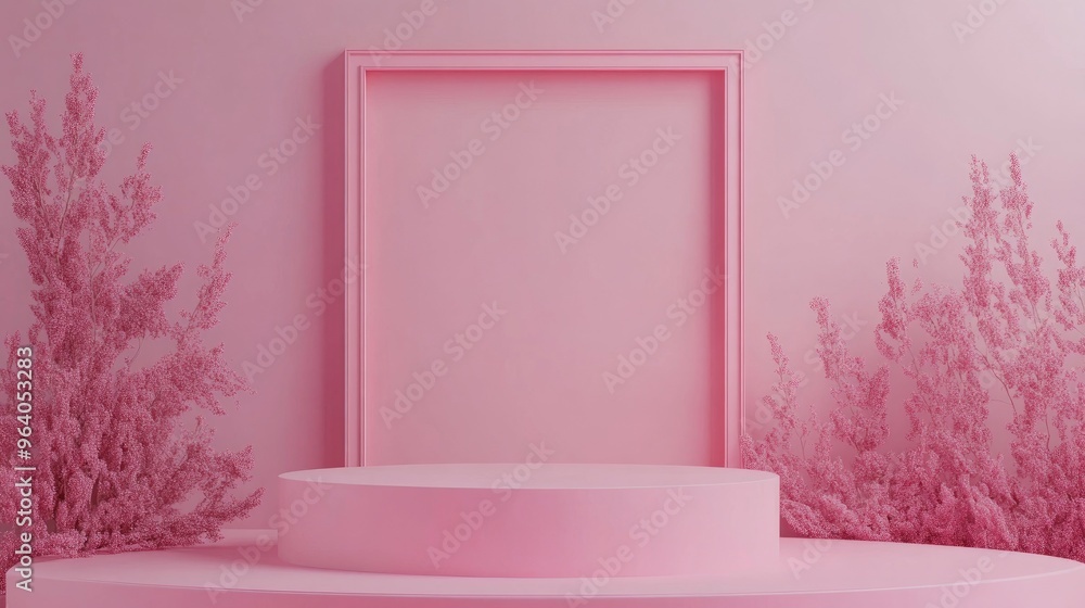 Poster Square podium against a pink wall with an empty frame Minimalist backdrop design suitable for product display 3D rendering