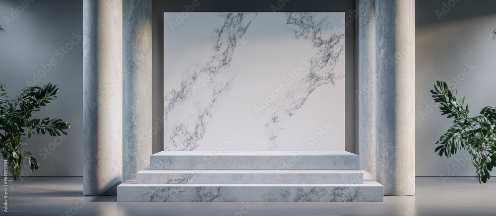 Poster display podium mockup platform concrete and marble space with columns product exhibition backdrop 3d