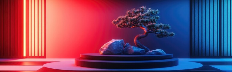 Japanese style product display featuring a stone podium and bonsai tree in a zen garden setting ideal for showcasing jewelry watches cosmetics and perfumes 3D rendering illustration