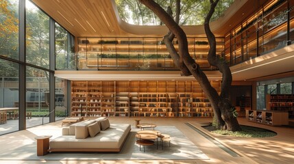 The interior design of a library and reading area with a sofa in an open space lobby made from...