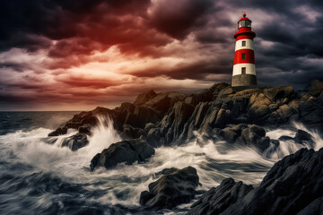 Obraz premium Majestic Lighthouse Overlooking Turbulent Ocean Waves