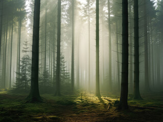 Enchanted Forest Sunrays Peering Through Mist