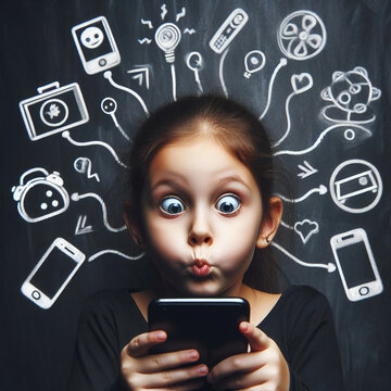 Fille, inqui&egrave;te et captiv&eacute;e par un smartphone, t&eacute;l&eacute;phone, semble ne pas comprendre les applications et les r&eacute;seaux sociaux, symbolise et illustre l'utilisation enfantine des r&eacute;seaux sociaux 