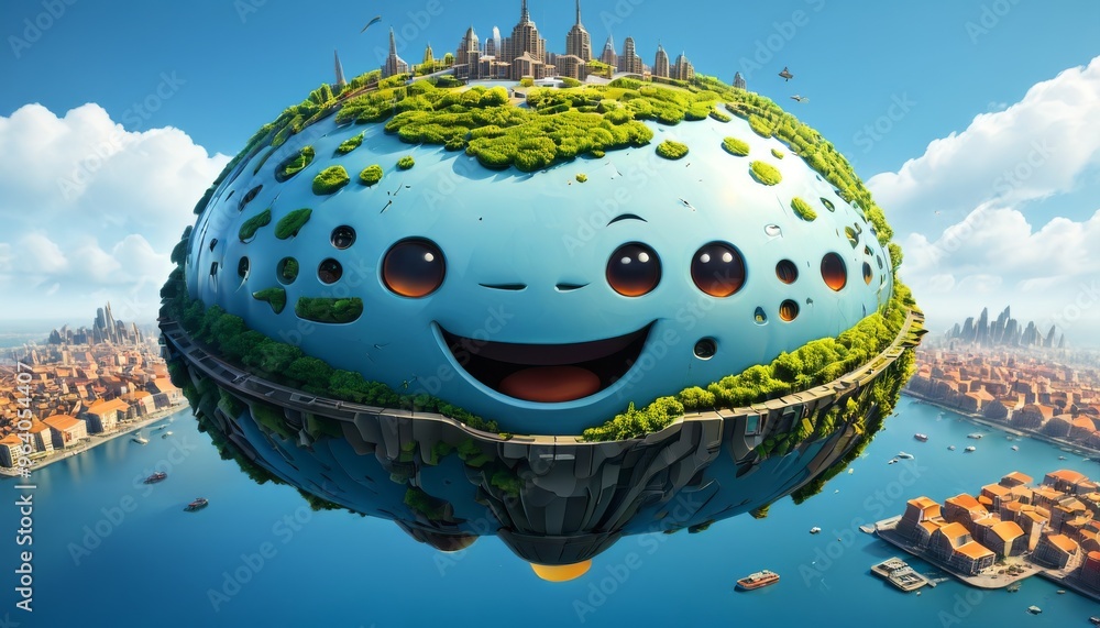 Poster a whimsical floating city rests on a cheerful, smiling island above the sea. the island's lush green