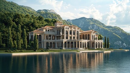 Obraz premium A beautiful and elegant large building sitting gracefully by the edge of a serene body of water, surrounded by a realistic natural backdrop