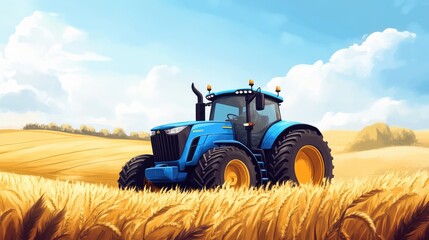 Obraz premium A beautiful blue tractor driving through golden wheat fields, set against a realistic rural backdrop with clear skies and rolling hills