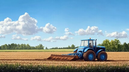 Fototapeta premium A beautiful blue tractor plowing a field, with a realistic landscape of farmland, trees, and open skies in the background