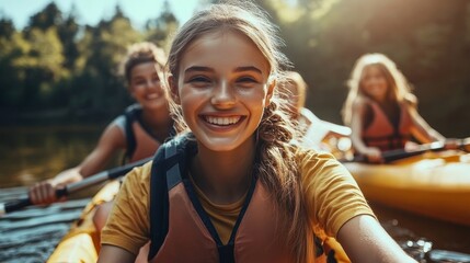 Smiling young friends canoeing together on a lake in summer, Generative AI