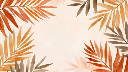 Minimalist Backgrounds: Muted tropical leaves in warm tones on beige background.
