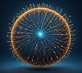 A glowing spherical network of light with radiating lines and points creates a mesmerizing visual effect. Set against a dark blue background, the intricate design suggests energy, connectivity, and