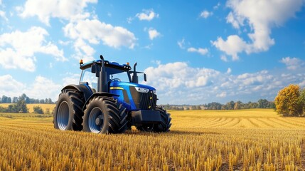 Obraz premium A blue tractor moving through expansive farmland, with a realistic backdrop of golden fields, distant trees, and clear skies