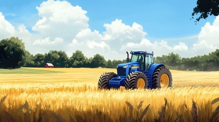 Obraz premium A blue tractor moving through expansive farmland, with a realistic backdrop of golden fields, distant trees, and clear skies