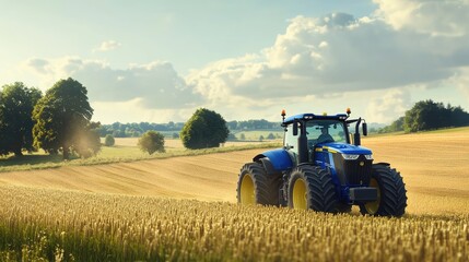 Obraz premium A blue tractor moving through expansive farmland, with a realistic backdrop of golden fields, distant trees, and clear skies